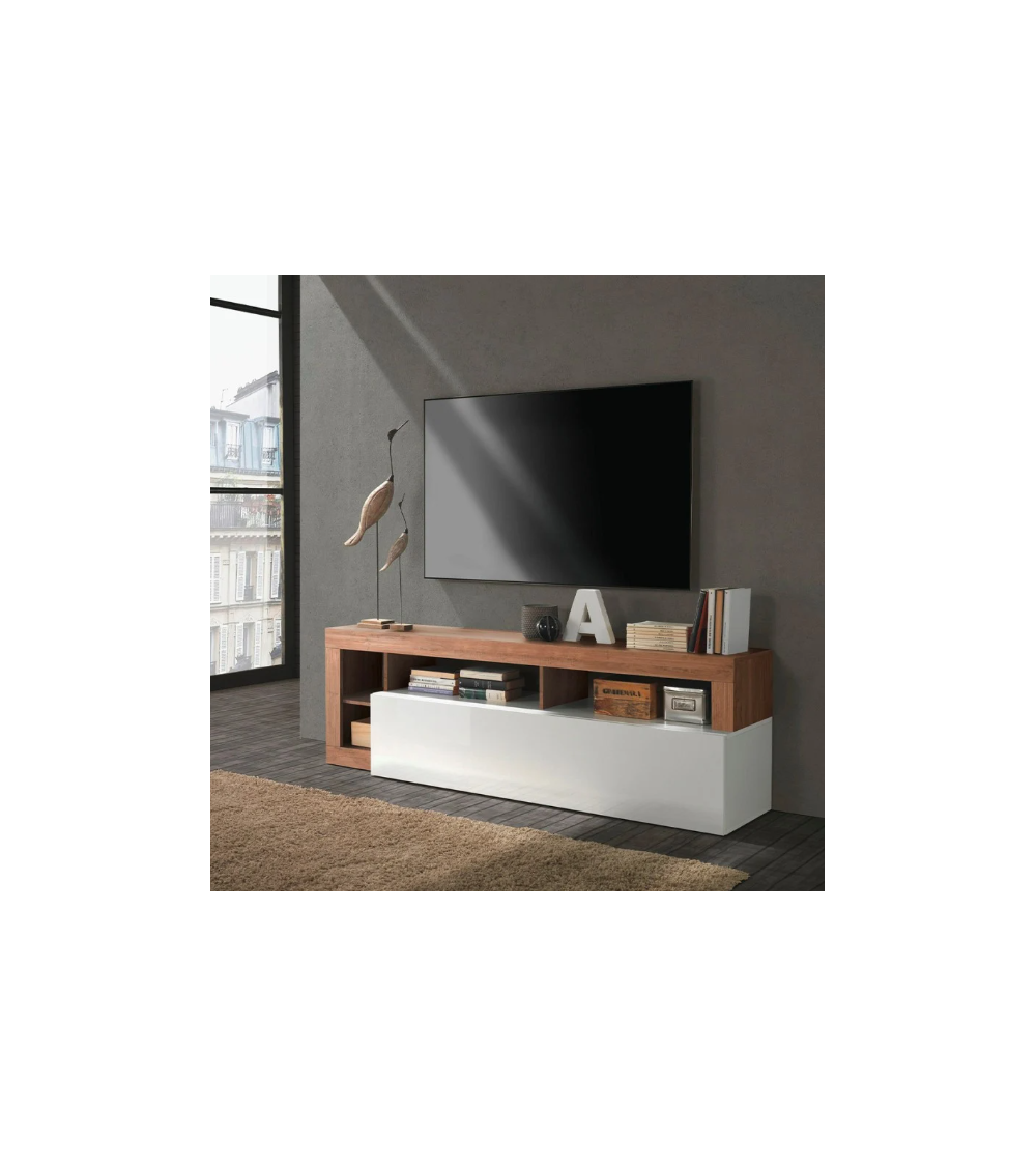 Meuble TV HAMBURG – Blanc laqué brillant / Bois Mercure